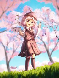 Rule 34 | 1girl, animal ears, beamed eighth notes, bird ears, bird wings, black footwear, blush, brown dress, brown hat, brown socks, cherry blossoms, collared shirt, dress, earrings, eighth note, fingernails, frilled sleeves, frills, full body, hat, highres, jewelry, kneehighs, long fingernails, long sleeves, musical note, mystia lorelei, nail polish, open mouth, petals, pink eyes, pink hair, pink nails, sharp fingernails, shirt, shoes, short hair, single earring, sleeve garter, smile, socks, solo, standing, touhou, white shirt, white wings, winged footwear, winged hat, wings, yoirone