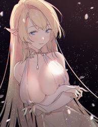 Rule 34 | 1girl, areola slip, bad id, bad pixiv id, bare shoulders, blonde hair, blue eyes, blush, breast hold, breasts, bridal gauntlets, cleavage, closed mouth, collarbone, dress, ear piercing, elf, gloves, green eyes, groin, half-closed eyes, highres, jewelry, large areolae, large breasts, light particles, lips, long hair, looking at viewer, multiple piercings, naomasap, navel, necklace, no bra, original, piercing, pointy ears, revealing clothes, see-through, sidelocks, skindentation, smile, solo, white dress, white gloves
