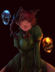 Rule 34 | 1girl, animal ears, bad id, bad pixiv id, blue fire, bow, braid, cat ears, cat girl, dress, female focus, fire, hair bow, hair ornament, kaenbyou rin, kirieppa, looking at viewer, naughty face, open mouth, red eyes, red hair, revision, skull, smile, solo, spread legs, touhou, twin braids, twintails