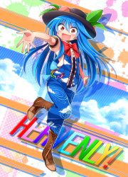 Rule 34 | 1girl, :d, adapted costume, black hat, blue hair, blush, boots, bow, bowtie, brown footwear, chain, cloud, cloudy sky, cross-laced footwear, english text, food, food-themed hair ornament, fruit, hair between eyes, hair ornament, hat, hinanawi tenshi, lace-up boots, leaf hair ornament, long hair, looking at viewer, open mouth, outstretched arm, overalls, peach, rainbow text, red bow, red bowtie, red eyes, shadow, shimizu pem, shirt, short sleeves, sky, sky print, smile, solo, splatter, standing, standing on one leg, touhou, white shirt