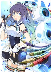 Rule 34 | 1girl, aka ringo, audio jack, blue eyes, cable, corset, female focus, fingerless gloves, frills, gloves, gradient background, gradient hair, hair ornament, long hair, microphone, multicolored hair, open mouth, original, purple hair, smile, solo, thighhighs