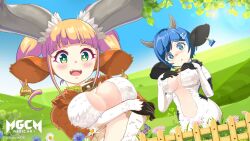 Rule 34 | 2girls, artist request, blonde hair, blue eyes, blue hair, blush, breasts, cow girl, fence, flower, green eyes, highres, horns, large breasts, looking at viewer, magicami, multiple girls, official art, official wallpaper, oikawa iko, open mouth, tomonaga kaori, twintails