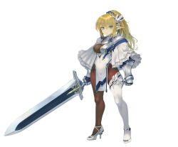 Rule 34 | blonde hair, blue eyes, breasts, capelet, elf, frills, hair ornament, high heels, holding, holding sword, holding weapon, medium breasts, pantyhose, pointy ears, ponytail, puribate (helgoland), sword, weapon, white capelet, wizardry