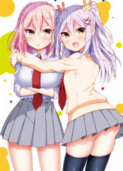 Rule 34 | &gt;:o, 1boy, 1girl, :d, :o, ass, black thighhighs, braid, breasts, brother and sister, brown eyes, crown braid, fang, grey skirt, hair ornament, large breasts, long hair, looking at viewer, looking back, open mouth, original, pink hair, pleated skirt, purple hair, school uniform, siblings, sidelocks, skirt, smile, sweater, thighhighs, thighs, trap, tsukudani norio, two side up, v-shaped eyebrows, x hair ornament, yellow eyes, zettai ryouiki