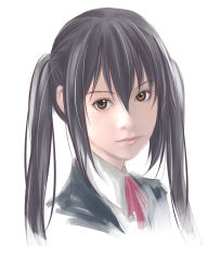 Rule 34 | 1girl, black hair, brown eyes, k-on!, long hair, looking at viewer, nakano azusa, portrait, realistic, shoumaru (gadget box), solo, twintails, upper body, white background