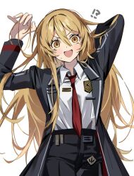 Rule 34 | !?, 1girl, alternate hair length, alternate hairstyle, arm behind head, arms up, badge, black coat, black pants, blonde hair, coat, collared shirt, don quixote (project moon), hair between eyes, highres, limbus company, long hair, long sleeves, looking at viewer, mu46016419, necktie, open clothes, open coat, open mouth, orange eyes, pants, project moon, red necktie, shirt, shirt tucked in, simple background, solo, uniform, very long hair, white background, white shirt, wide-eyed, wing collar