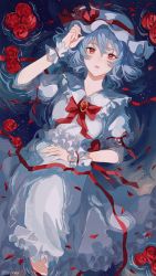 Rule 34 | 1girl, bad id, bad pixiv id, blue hair, brooch, chinese commentary, commentary request, dress, feet out of frame, flower, hand up, hat, hat ribbon, highres, jewelry, looking at viewer, mob cap, na-naa, open mouth, partially submerged, petals, red eyes, red neckwear, red ribbon, remilia scarlet, ribbon, rose, rose petals, short hair, short sleeves, solo, touhou, water, white dress, white hat, wrist cuffs