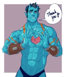 Rule 34 | 1boy, abs, bara, blue oni, blue skin, bracer, briefs, bulge, chest hair, colored skin, earrings, english text, facial hair, hairy, heart, heart hands, horns, jasdavi, jewelry, large pectorals, male focus, male underwear, multicolored hair, muscular, navel, navel hair, nipples, oni, oni horns, orange hair, original, oskar (jasdavi), pectorals, pointy ears, red eyes, topless male, short hair, sideburns, solo, streaked hair, stubble, underwear
