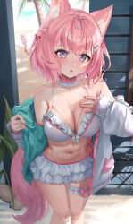 Rule 34 | 1girl, absurdres, animal ears, bare shoulders, breasts, cleavage, hakui koyori, highres, hololive, lucy (rusi-juren328), medium breasts, pink hair, purple eyes, solo, standing, swimsuit, swimsuit under clothes, virtual youtuber