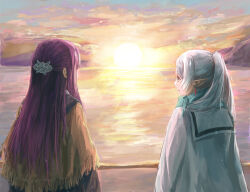 Rule 34 | 2girls, blue scarf, brown poncho, commentary request, dangle earrings, earrings, elf, facing away, fern (sousou no frieren), frieren, green eyes, hair ornament, highres, horizon, huijin, jacket, jewelry, long hair, multiple girls, outdoors, pointy ears, profile, purple hair, scarf, sousou no frieren, sun, sunrise, twintails, white hair, white jacket