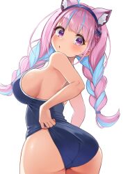 Rule 34 | 1girl, @-you (you 2023 8 16), adjusting clothes, adjusting swimsuit, ahoge, alternate costume, anchor hair ornament, animal ear fluff, animal ears, ass, blue hair, blue hairband, blue one-piece swimsuit, blunt bangs, braid, breasts, cat ears, colored inner hair, commentary request, fanged bangs, from behind, hair ornament, hairband, highres, hololive, knees out of frame, large breasts, long hair, looking at viewer, minato aqua, multicolored hair, official alternate hairstyle, one-piece swimsuit, open mouth, purple eyes, purple hair, school swimsuit, sideboob, simple background, solo, standing, streaked hair, swimsuit, twin braids, twintails, two-tone hair, virtual youtuber, white background