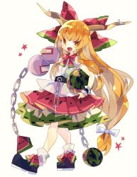 Rule 34 | 1girl, alternate color, black footwear, boots, bow, bowtie, chain, commentary, fang, food, food print, footwear bow, fruit, full body, green skirt, hair bow, highres, holding, holding food, holding gourd, horn ornament, horn ribbon, horns, ibuki suika, long hair, looking at viewer, nikorashi-ka, one-hour drawing challenge, oni horns, open mouth, red bow, red bowtie, red ribbon, red skirt, ribbon, shirt, skin fang, skirt, solo, star (symbol), torn clothes, torn sleeves, touhou, two-tone skirt, very long hair, watermelon, watermelon print, white background, white bow, white legwear, white ribbon, white shirt, wrist cuffs, yellow eyes