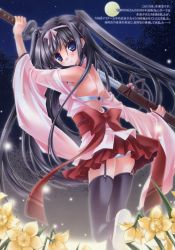 Rule 34 | absurdres, black hair, flower, garter straps, highres, japanese clothes, minase lin, solo, sword, thighhighs, twintails, weapon