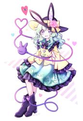 Rule 34 | 1girl, animal ears, black bow, black bowtie, black footwear, black legwear, boots, bow, bowtie, buttons, floral print, flower, frilled skirt, frilled sleeves, frills, full body, green eyes, green hair, green skirt, hat, hat ribbon, heart, heart-shaped pupils, heart of string, komeiji koishi, long hair, long sleeves, looking at viewer, miy 001, open mouth, pink flower, pink rose, rabbit ears, ribbon, rose, rose print, shirt, simple background, skirt, sleeves past wrists, smile, solo, symbol-shaped pupils, third eye, touhou, wavy hair, white background, wide sleeves, yellow ribbon, yellow shirt