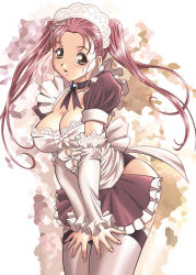Rule 34 | 1girl, breasts, brown eyes, cleavage, elbow gloves, gloves, large breasts, long hair, maid, pink hair, senbata-rou, solo, thighhighs, twintails