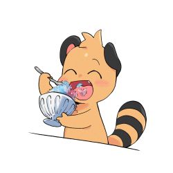 Rule 34 | 1boy, ^ ^, absurdres, animal ears, arms up, aruba-kun, blush, body fur, bowl, child, closed eyes, eating, fang, food, furry, furry male, happy, highres, holding, holding bowl, holding spoon, male focus, open mouth, orange fur, original, raccoon boy, raccoon ears, raccoon tail, shaved ice, simple background, smile, solo, spoon, striped tail, tail, upper body, white background