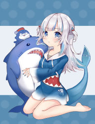 Rule 34 | 1girl, bare legs, barefoot, bloop (gawr gura), blue background, blue eyes, blue hair, blue hoodie, blue nails, blunt bangs, blush, breasts, closed mouth, commentary request, fins, fish tail, gawr gura, gawr gura (1st costume), hair ornament, highres, hololive, hololive english, hood, hoodie, kiri sakura, long hair, long sleeves, looking at viewer, multicolored hair, nail polish, open mouth, pout, seiza, shark hair ornament, shark tail, sitting, small breasts, streaked hair, stuffed animal, stuffed shark, stuffed toy, tail, teeth, two side up, virtual youtuber, white background