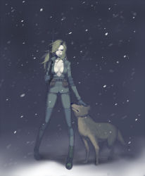 Rule 34 | 1girl, animal, blonde hair, breasts, female soldier, gun, large breasts, long hair, metal gear (series), metal gear solid, military, no bra, open clothes, open shirt, rifle, shirt, narrow waist, sniper rifle, sniper wolf, snow, soldier, solo, suko mugi, weapon, wolf