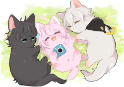 Rule 34 | 1girl, 2boys, animal earrings, animal focus, animalization, black cat, black fur, blush stickers, caelus (honkai: star rail), camera, cat, closed eyes, dan heng (honkai: star rail), earrings, flower, grass, green eyes, grey cat, grey fur, highres, holding, holding camera, honkai: star rail, honkai (series), jacket, jewelry, looking at another, lying, march 7th (honkai: star rail), multiple boys, nasuka gee, no humans, on back, on side, outdoors, pink cat, pink fur, single earring, trailblazer (honkai: star rail)