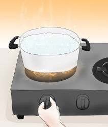 Rule 34 | 1girl, blue archive, c/h, commentary, cooking, cooking pot, english commentary, fire, highres, holding, mika (blue archive), out of frame, simple background, solo, steam, stove, visible air, water