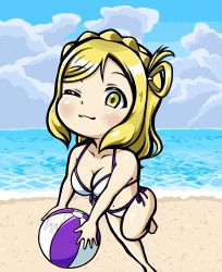 Rule 34 | 1girl, ;), absurdres, artist name, artist request, ball, bare legs, bare shoulders, barefoot, beach, beachball, bikini, blonde hair, blue sky, blush, braid, breasts, brown eyes, chibi, cleavage, cloud, crown braid, day, feet, feet out of frame, female focus, front-tie bikini top, front-tie top, full body, green eyes, hair rings, highres, holding, holding ball, holding beachball, looking at viewer, love live!, love live! sunshine!!, medium breasts, ocean, ohara mari, one eye closed, outdoors, parted lips, short hair, side-tie bikini bottom, sky, smile, solo, standing, swimsuit, white bikini, yellow eyes