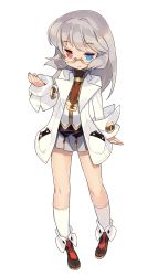 Rule 34 | 1girl, :&gt;, absurdres, blade (galaxist), blue eyes, full body, glasses, grey hair, heterochromia, highres, lab coat, long hair, official art, pleated skirt, pop-up story, red eyes, simple background, skirt, smile, solo, stella noir, transparent background, white background