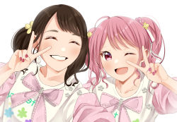 Rule 34 | 2girls, :d, ;d, bang dream!, bow, brown hair, elu pom, hair ornament, hand up, highres, looking at viewer, maeshima ami, maruyama aya, multiple girls, nail polish, one eye closed, open mouth, pink bow, pink eyes, pink hair, real life, selfie, shirt, short twintails, smile, twintails, upper body, v, voice actor, white shirt