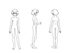 Rule 34 | 00s, 1girl, ass, bob cut, breasts, female focus, flat chest, full body, highres, monochrome, multiple views, no pussy, noir (anime), nude, short hair, simple background, standing, vector trace, white background, yuumura kirika