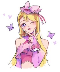 Rule 34 | 1girl, agura dou, blonde hair, brooch, bug, butterfly, butterfly earrings, crop top, cure butterfly, earrings, frills, gloves, highres, hijiri ageha, hirogaru sky! precure, insect, jewelry, long hair, magical girl, midriff, one eye closed, open mouth, pink gloves, pink headwear, precure, purple eyes, simple background, smile, solo, upper body, v over mouth, very long hair, white background, wing brooch