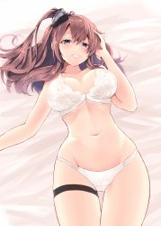 Rule 34 | 1girl, bed sheet, blue eyes, bra, breasts, brown hair, cowboy shot, groin, hair between eyes, hand on own head, highres, kantai collection, large breasts, long hair, narushima kanna, navel, panties, saratoga (kancolle), side ponytail, smile, solo, underwear, underwear only, white bra, white panties