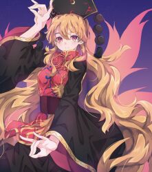 Rule 34 | 1girl, absurdres, black dress, closed mouth, commentary, double fox shadow puppet, dress, fox shadow puppet, headdress, highres, junko (touhou), long hair, long sleeves, looking at viewer, neold, orange hair, red eyes, sidelocks, smile, solo, tabard, touhou, very long hair, wide sleeves