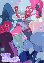 Rule 34 | 6+girls, afro, artist name, blue diamond (steven universe), blue eyes, blue hair, blue pearl, blue pearl (steven universe), blue skin, blush, colored skin, couple, english text, flower, garnet (steven universe), gloves, hair over eyes, hidden face, kohira-san, multicolored hair, multiple girls, multiple persona, own hands clasped, own hands together, puffy sleeves, purple eyes, red eyes, red hair, red skin, ruby (steven universe), sapphire (steven universe), smile, sparkle, spoilers, steven universe, surprised, sweatdrop, third eye, two-tone hair, aged down, yuri