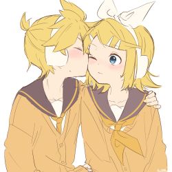 Rule 34 | 1boy, 1girl, black collar, blonde hair, blue eyes, blush, bow, closed mouth, collar, collarbone, collared shirt, commentary, grey collar, hair bow, hair ornament, hairclip, hand on another&#039;s shoulder, headphones, hetero, highres, kagamine len, kagamine rin, kiss, kissing cheek, m0ti, neckerchief, necktie, orange sweater, school uniform, shirt, short hair, sketch, surprised, sweater, swept bangs, symbol-only commentary, twitter username, upper body, vocaloid, white background, white bow, yellow neckerchief