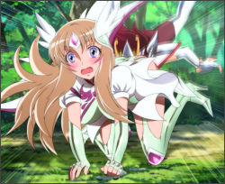 Rule 34 | 10s, 1girl, all fours, aquila yuna, armor, blonde hair, blue eyes, blush, boots, breasts, face in ass, forest, grass, high heel boots, high heels, highres, large breasts, legs, long hair, looking at viewer, nature, open mouth, pegasus koga, red hair, saint seiya, saint seiya omega, surprised, thigh boots, thighhighs, thighs, tree, yadokari genpachirou