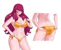 Rule 34 | 1girl, absurdres, adjusting clothes, adjusting swimsuit, ass, bikini, breasts, butt crack, cleavage, cropped legs, facial mark, fire emblem, fire emblem engage, gold bikini, groin, hair ornament, highres, large breasts, long hair, looking at viewer, multiple views, nail polish, navel, nintendo, o-ring, o-ring bikini, o-ring top, obsidianwasp, one eye closed, red eyes, red hair, side-tie bikini bottom, simple background, smile, solo, star (symbol), star facial mark, star hair ornament, swimsuit, white background, yunaka (fire emblem)