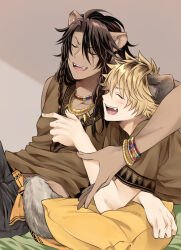 Rule 34 | 2boys, animal ears, arm around shoulder, bed, black pants, blonde hair, blush, braid, brown hair, brown shirt, closed eyes, commentary request, cowboy shot, dark-skinned male, dark skin, hyena boy, hyena ears, indoors, jewelry, leona kingscholar, lion boy, lion ears, long hair, looking at viewer, male focus, multiple boys, multiple bracelets, multiple necklaces, necklace, open mouth, pants, pillow, ruggie bucchi, scar, scar across eye, shirt, short hair, smile, tail, teeth, twin braids, twisted wonderland, upper teeth only, yupopo (hidame)