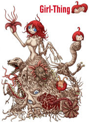 Rule 34 | blue eyes, claws, head spider, ikuramaru, kennel-thing, monster, monster girl, red hair, simple background, teeth, tentacles, the thing, the thing (creature), white background