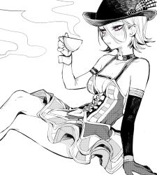Rule 34 | 1girl, blush, breasts, choker, closed mouth, cup, detached sleeves, dress, feet out of frame, gloves, greyscale, hat, highres, holding, holding cup, hololive, kakult2017, long sleeves, looking away, medium breasts, monochrome, omaru polka, omaru polka (1st costume), pink eyes, short hair, sitting, sleeveless, sleeveless dress, solo, spot color, steam, virtual youtuber, wrist cuffs