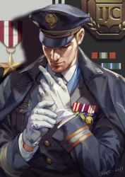 Rule 34 | 1boy, adjusting clothes, adjusting gloves, aged down, bad id, bad twitter id, blonde hair, closed eyes, coat, commentary, english commentary, formal: 76, gloves, hage2013, hat, head down, male focus, medal, military, military hat, military uniform, necktie, official alternate costume, overcoat, overwatch, overwatch 1, peaked cap, short hair, soldier: 76 (overwatch), solo, uniform, white gloves