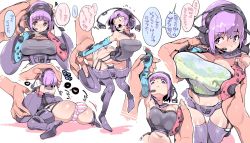 Rule 34 | ass, chris (mario), highres, midriff, navel, nintendo switch, panties, personification, purple eyes, purple hair, striped clothes, striped panties, thighhighs, underwear