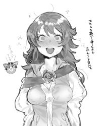 Rule 34 | 1girl, ange (granblue fantasy), bad id, bad pixiv id, blouse, blush, breasts, cleavage, commentary request, covered erect nipples, embarrassed, flower, granblue fantasy, greyscale, long hair, looking at viewer, medium breasts, monochrome, ohisashiburi, open mouth, rose, shirt, simple background, solo, sweatdrop, translation request, vyrn (granblue fantasy), white background, wide-eyed