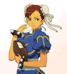 Rule 34 | bad id, bad pixiv id, bracelet, brown eyes, brown hair, bun cover, capcom, china dress, chinese clothes, chun-li, double bun, dress, eating, food, food on face, hamanasu, jewelry, pantyhose, ribbon, short hair, solo, spiked bracelet, spikes, street fighter