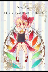 Rule 34 | 1girl, back bow, blonde hair, bloomers, blush, bobby socks, book, bow, closed mouth, collared shirt, english text, flandre scarlet, frilled skirt, frills, full body, hair between eyes, hat, hat bow, holding, holding book, knees together feet apart, large bow, letterboxed, light smile, looking at viewer, mary janes, medium hair, mob cap, multicolored wings, pigeon-toed, puffy short sleeves, puffy sleeves, rainbow order, red bow, red eyes, red footwear, red skirt, red vest, shirt, shoes, short sleeves, simple background, sitting, siva, skirt, skirt set, socks, solo, striped, striped background, touhou, underwear, vest, white bloomers, white hat, white shirt, white socks, wings