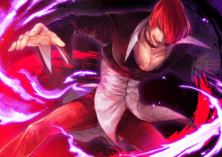 Rule 34 | 1boy, absurdres, choker, cropped jacket, fire, food fighter 441, grin, hair over one eye, highres, jacket, male focus, pants, pectoral cleavage, pectorals, purple fire, pyrokinesis, red eyes, red hair, red pants, shirt, short hair, smile, snk, solo, the king of fighters, yagami iori