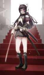 Rule 34 | 1girl, armband, black footwear, black hair, black sailor collar, black skirt, blunt ends, boots, combat boots, commentary request, cross-laced footwear, full body, highres, holding, holding sword, holding weapon, katana, knee boots, long hair, looking at viewer, neckerchief, nyoro (nyoronyoro000), original, pleated skirt, purple eyes, respirator, sailor collar, school uniform, serafuku, sheath, sheathed, short sleeves, skirt, solo, stairs, standing, sword, unsheathed, weapon, white neckerchief