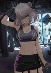 Rule 34 | absurdres, animal ears, bare shoulders, black shorts, black sports bra, bottle, breasts, cleavage, closed mouth, collarbone, dog tags, ear piercing, floating hair, grey eyes, grey hair, hair ornament, hair over one eye, hairclip, hand in own hair, hand up, head tilt, highres, holding, holding bottle, holding towel, hololive, indoors, large breasts, lion ears, lion girl, looking at viewer, multicolored hair, navel, official alternate costume, piercing, shishiro botan, shishiro botan (button-down), short hair, shorts, smile, solo, sports bra, streaked hair, sweat, towel, virtual youtuber, window, x hair ornament, yukinashi