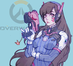 Rule 34 | 1girl, animal print, armor, blunt bangs, bodysuit, bracer, breasts, breasts apart, brown eyes, brown hair, charm (object), copyright name, covered erect nipples, d.va (overwatch), eyebrows, facepaint, facial mark, gloves, gun, hand up, handgun, headphones, high collar, holding, holding gun, holding weapon, inverted nipples, lily chen, lips, lipstick, long hair, looking at viewer, lowres, makeup, medium breasts, nipples, overwatch, overwatch 1, parted lips, pauldrons, pilot suit, pink lips, pinky out, rabbit print, shoulder armor, shoulder pads, solo, turtleneck, upper body, weapon, whisker markings, white gloves