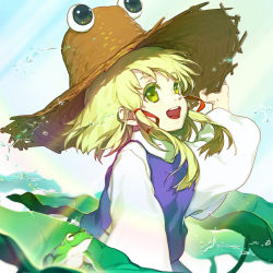 Rule 34 | 1girl, absurdres, animal, arm up, blonde hair, blue sky, brown hat, chinese commentary, commentary request, day, floating hair, frog, from side, green eyes, hair ribbon, hand on headwear, hat, highres, horizontal pupils, id kun, light rays, lily pad, long sleeves, moriya suwako, open mouth, puffy long sleeves, puffy sleeves, purple skirt, purple vest, pyonta, raised eyebrows, red ribbon, ribbon, shirt, short hair, skirt, skirt set, sky, solo, splashing, straw hat, teeth, touhou, tress ribbon, turtleneck, upper body, upper teeth only, vest, water, water drop, white shirt, wide sleeves