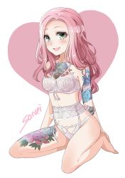 Rule 34 | 1girl, :d, arm tattoo, artist name, bad id, bad pixiv id, bare arms, bare legs, bare shoulders, barefoot, blush, bra, chest tattoo, collarbone, full body, garter belt, green eyes, heart, leg tattoo, long hair, looking at viewer, open mouth, panties, pink hair, saruei, seiza, sitting, smile, solo, suicide girls, tattoo, underwear, underwear only, white background, white bra, white panties