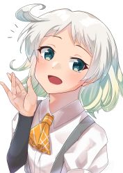 Rule 34 | 1girl, ahoge, arm warmers, blue eyes, blush, collared shirt, come2traveling, highres, kantai collection, natsugumo (kancolle), open mouth, shirt, short hair, short sleeves, simple background, smile, solo, suspenders, upper body, white background, white hair, white shirt